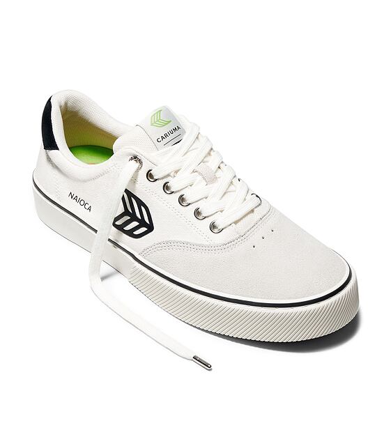 Pánské volnočasové boty Cariuma NAIOCA PRO Vintage White Suede Off-White Canvas Black Logo Sneaker 